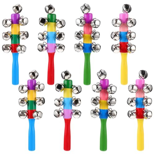 STOBOK 8Pcs Baby Handle Wooden Bells Rainbow Handle Jingle Bells Christmas Hand Sleigh Jingle Stick Shaker Rattle Xmas Kids Rattle Toys Musical Rhythm Toys (Random Color)