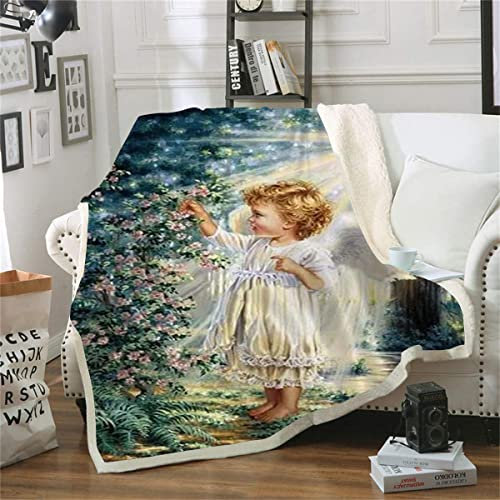 Bedruckte Fleecedecke mit Engel-Motiv, Überwurfdecke für Couch, Sofa, Bett, atmungsaktive Plüschdecke (130 x 150 cm), 3D-Druckdecke