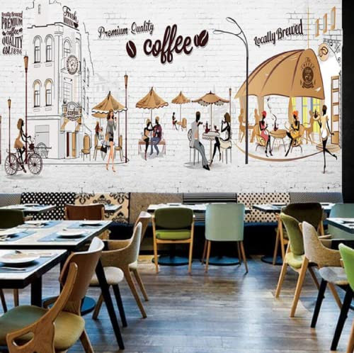 Handgezeichnete Coffee Shop Szene Fototapete Kaffee Restaurant Cafe Industrie Dekor Hintergrund Wandbild Tapete 3D-300 * 210Cm