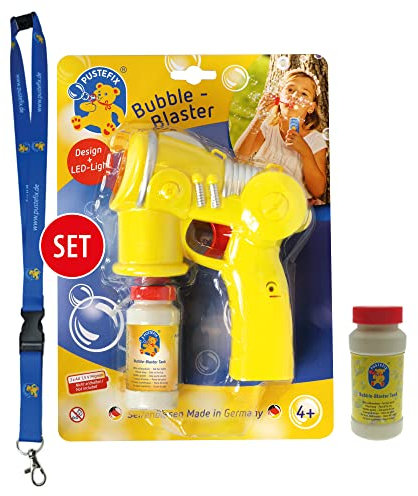 PUSTEFIX Bubble-Blaster + Nachfüllflasche 60 ml + Schlüsselanhänger I Seifenblasen Spielzeug-Pistole für Kindergeburtstag, Hochzeit & Sommerparty I Bunte Bubbles für Kinder & Erwachsene