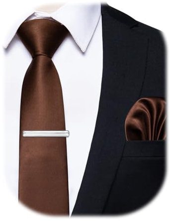 YourTies Schmale Krawatten für Herren, Satin, 6,1 cm, schmale Krawatte mit Einstecktuch, Krawattenklammer, Set, einfarbig, Hochzeit, Party, Business, Braun, Einheitsgröße