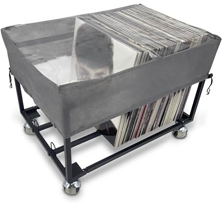 OrigoDeco Schallplatten-Aufbewahrungshalter auf Rädern, mit Staubschutz, für bis zu 100 LP, Albumhalter, Präsentationsständer, Vinyl-Schallplatten-LP-Aufbewahrung, stabile Metallstruktur (glattes
