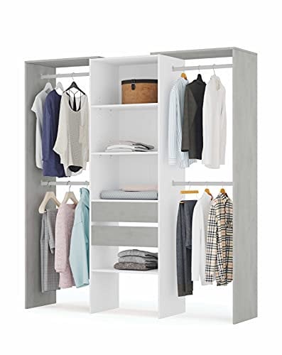 Mobelcenter, Armario Vestidor con 2 Cajones, Vestidor con Barras y Baldas, Acabado en Blanco Artik y Gris Cemento, Medidas: Ancho: 179 cm x Alto: 202 cm x Fondo: 50 cm (1264)