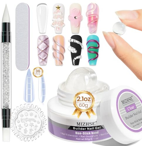 MIZHSE 60g Clear Solid Builder Gel Set, Non Stick 3D Gel Nail Art für Nagelverlängerung und Modellage, Rhinestone Glue für Nail Charms, 3D Skulptur NailGel, Nagelskulptur Glue UV mit Maniküre Werkzeug