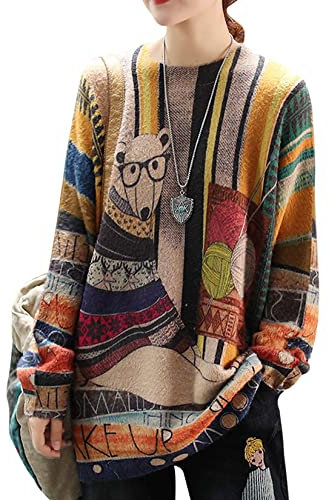 Janein Damen Pullover Oversize Lang Strickpullover Herbst Winter Rundhals Sweater mit Blumenmuster Weihnachtspullover 2XL S01DE CR31