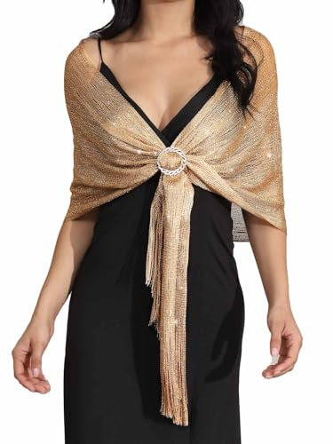 Atigy Schals für Damen Festlich Glitzer Metallic Schals Tücher mit Fransen Partei Hochzeitsschal für Abendkleid (Gold)