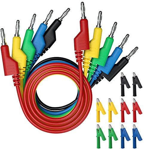 APOMOONS 5 Stück Multimeter Messleitungen, Multimeter Bananenstecker auf Bananenstecker Testkabel Kit, 4mm 5 Farben Bananenstecker und 10 Krokodiklemmen für Strommessgeräte, Multimeter Spannungsprüfer