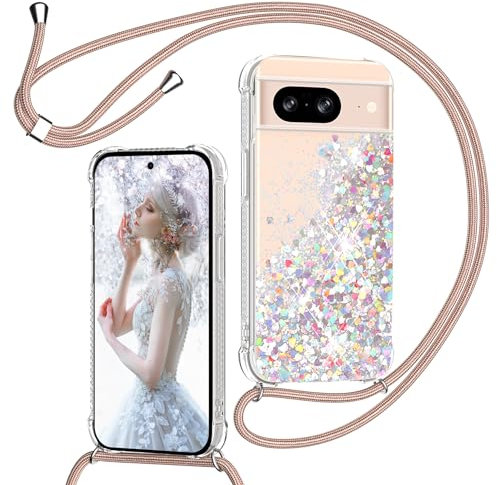 TUUTPU Handyband für Google Pixel 8 Hülle mit Band, Glitzer Treibsand Handyhülle mit Kordel zum Umhängen Transparent Stoßfest Schutzhülle mit Kette Schnur, Quicksand Necklace Case in Roségold