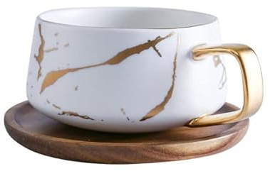 YIPOCH Tasse à café en marbre Or Mat Tasse à thé Japonaise en céramique Noir et Blanc Or avec Tasses et soucoupes en Bois. Coupe de Phnom Penh