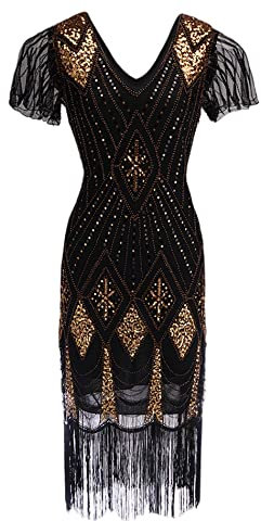 xxxiticat 1920s Vintage Kleid Damen Flapper Kleid Gatsby Pailletten Quasten Saum Cocktail Abschlussballkleid Abendkleid Party Kostüm Kleid(BL,2XL)