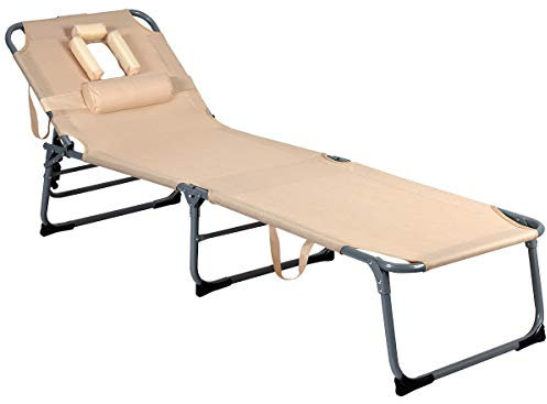 KOMFOTTEU Sonnenliege, klappbarer Liegestuhl mit verstellbaren Rückenlehne, Loch für Gesicht und Kissen, Strandliege für Garden Strand Pool, 194cm x 60cm x 36cm (Beige)