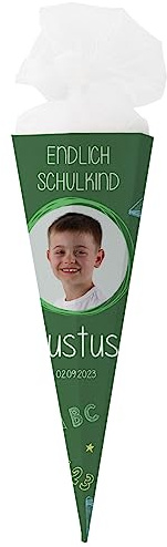 Striefchen® Schultüte mit Foto und Namen Ihres Kindes - eckig, fertig gebastelt Schultafel 80 cm Grün
