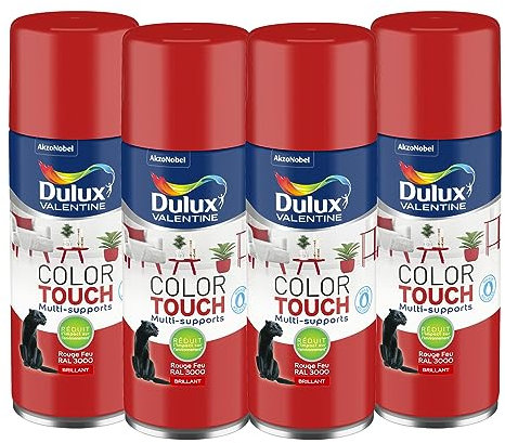 Dulux Valentine Peinture Intérieure et Extérieure Aérosol Color Touch - Brillant Rouge Feu 400 ml - Lot de 4