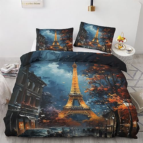 GEDAEUBA Sommer Bettwäsche 135x200 Eiffelturm - Paris Bettbezug 135 x 200 2er Set, Wendebettwäsche und Kissenbezug 80x80, Weiche & Atmungsaktive Mikrofaser Bettwäsche-Sets mit Reißverschluss