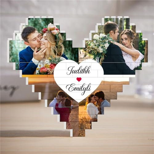 Benutzerdefinierter Herz-Bausteinblock, personalisierbar, 5 Fotos, Herz-Puzzle-Block mit Paar-Namen, Porträt, Liebes-Puzzle, Baustein-Baustein, Fotorahmen, romantisch, Valentinstag, Hochzeit,