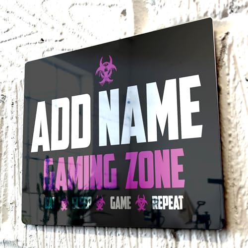 ShopQuality4U Personalised Game Metal Mirror Gamer Sign - Customised Printed Wall Art Plaque A3 Gaming Zone Caution Pink