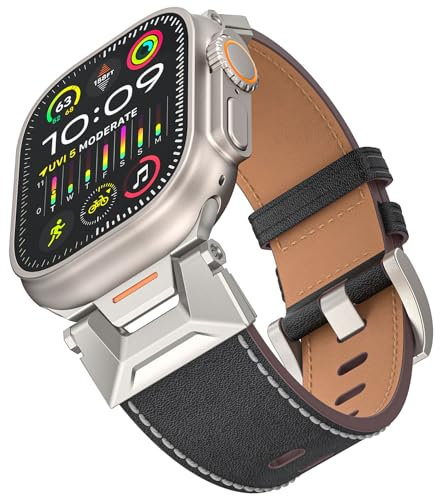 ALFARAY Leder Armband Kompatibel mit Apple Watch Ultra 1 2 Armband 49mm, 25mm Breites Band mit Edelstahlanschluss für iWatch Series 10 46mm 9 8 7 45mm SE 6 5 4 44mm 3 2 1 42mm, Titan/Schwarz
