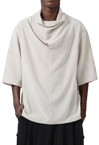 DUHGBNE Herren-Oberteile aus Eisseide mit gestapeltem Kragen und mittleren Ärmeln. Herren-T-Shirt mit mittleren Ärmeln. Loses Hemd für Herren Armbanduhr Trainer Tank Top Herren Unterhemd (Khaki, M)