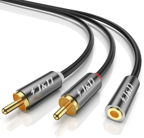 J&D 3.5mm Hembra a 2 RCA Macho Cable de Adaptador de Audio Estéreo, Chapado en Oro, Para Amplificador, Altavoces, Mezclador, TV, Tablet, PC, 3.6 Meter