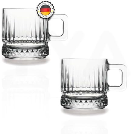 TYA I Set mit 2 Gläsern, Kristalldesign-Glasbecher mit Henkel 195 cc, Glas, transparent, 100% BLEIFREI, Geeignet für Tee, Kaffee und Fruchtsaftgenuss