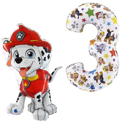 Grabo Für Paw Patrol Luftballon-Set Made in Italy. Set aus zwei Paw Patrol Luftballons mit Marshall und passender Nummer 3. Set für Geburtstagspartys zum Thema und mehr. Bunte Folienballons