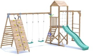 Dunster House Climbing Frame with Double Swing, High Platform, Tall Climbing Wall, Monkey Bars, Cargo Net & Slide SquirrelFort