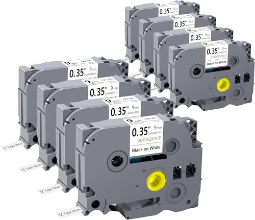 8x Yuanqimm TZe221 9mm Bänder Kompatible für Brother Tze-221 9mm Schriftband P-touch Tape Weiß für Brother P-touch H107b H105 H100r H100lb H100c E100 D400 D210 1280 1250 1010 1000, Schwarz auf Weiß