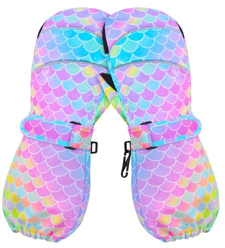 AuSletie Kids Winter Mittens Waterproof Snow Ski Gloves for Girls, Warm Sherpa Lined Long Cuff Snowboard Gloves