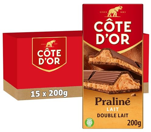 CÔTE D'OR - 15 Tablettes Côte d'Or Chocolat au Lait et Praliné Noisettes, Amandes, Noix de Cajou 200g - Chocolat au Lait et Fourrage - Lot de Tablettes de Chocolat - Lot de 15x200g