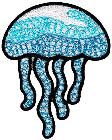 Qualle Blau Aufnäher zum aufbügeln oder aufnähen Bügelbild Aufbügler für Kleidung gestickter Bügelpatch Applikation Medusa Meduse Meerestier Ozean Patch Größe 6,0 x 7,5 cm