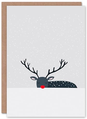 Wee Blue Coo Greeting Card Rudolph Red Nose Reindeer Hiding In Snow Modern Blank For Him Or Her Art Xmas Christmas Card