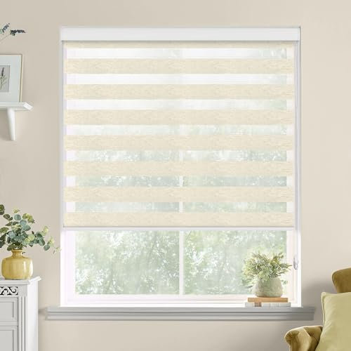 Double Layer Roller Blinds for Windows Light Filtering Day and Night Door Window Blinds Linen White 130x90cm Aluminium Cassette Included