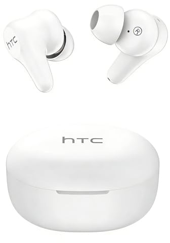 HTC Auriculares inalámbricos True Plus con cancelación activa de ruido, auriculares intraurales Bluetooth 5.3 con funda de carga USB C, 4 micrófonos ENC llamadas claras, sonido estéreo de graves