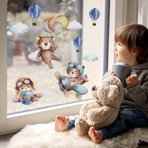 Alwayspon Doppelseitige Fensteraufkleber, Anti-Kollisions-Aufkleber für Kinderfenster, Bär und Flugzeug, Fensteraufkleber für Glas, Babyzimmer, Zuhause, Kinderzimmer, Klassenzimmer, Dekoration,