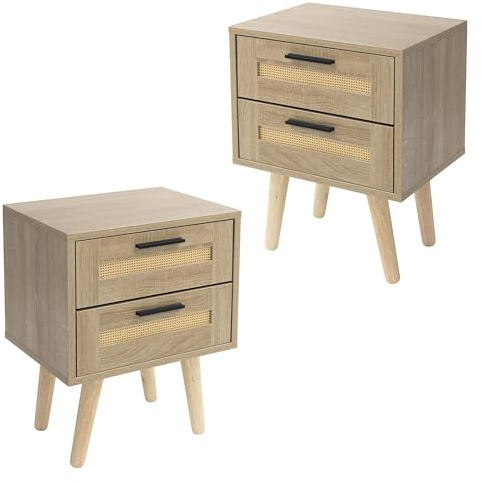 ML-Design 2er Set Nachttisch mit 2 Schubladen, 40x50,5x30 cm Eiche Optik, Nachtschrank Rattanfront Massivholzfüßen, Nachtkommode für Boxspringbett Schlafzimmer, Beistelltisch Couchtisch für Wohnzimmer