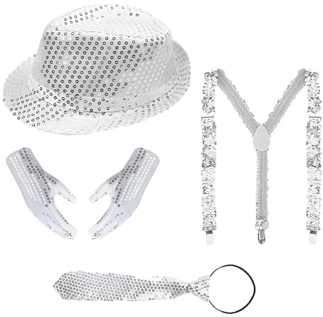 4 Stück Glitzer Accessoires, Glitzer Hut, Glitzer Outfit Herren, Glitzerhemd Herren, Pailletten Kostüm Silber für Fasching Party Dance Performance, 80 Jahre Kostüm Zubehör Set, 80er Kostüm Accessoires