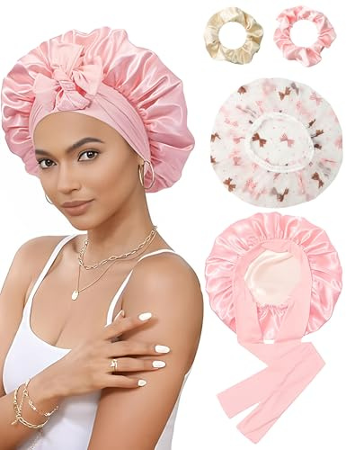 Molirex Bonnet Satin Cheveux Nuit et Bonnet de Douche avec 2 Chouchou Cheveux pour Femme Fille, Bonnet en Satin Soie Ajustable Chouchou Soie pour Cheveux Longs Cheveux Bouclés