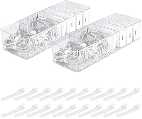 Cretosou 2 Pack Cable Management Boxes Cable Storage Box Large, Transparent Cable Tidy with 20 Silicone Cable Managers, Cable Storage Box Wire Storage