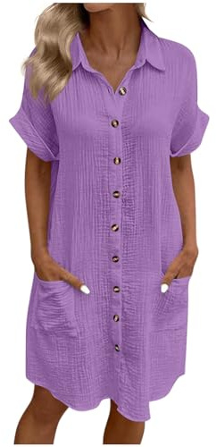 Summer Shirts Dresses for Women UK Oversized Cotton Linen Baggy Tunic Shirt Mini Dress Button Up V Neck Plain Sundress with Pockets Beach Lounge Lightweight Holiday Essentials Dresses Lilac
