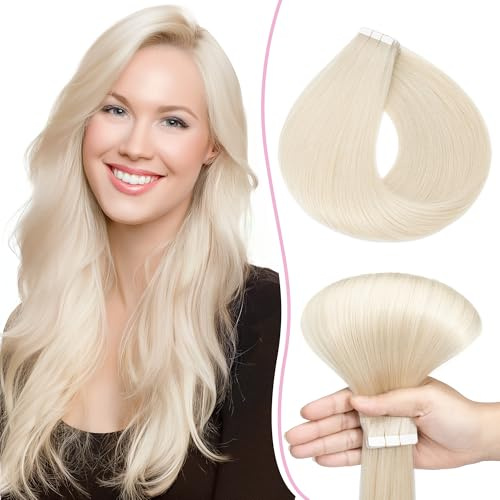SEGO Pro 55cm Tape in Extensions Echthaar Haarverlängerung Naturhaarfarbe 10PCS 15g Invisible Skin Weft Haarteil, 70#Blond Weiß,Hair Extension80