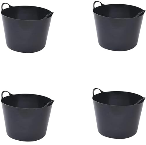 26L Plastic Flexi Tub Heavy-Duty Flexible Storage Bucket (Black) – Large Multi-Purpose Round Container for Garden, Laundry, and Home Use – Durable Plastic Tub-Pack of 4