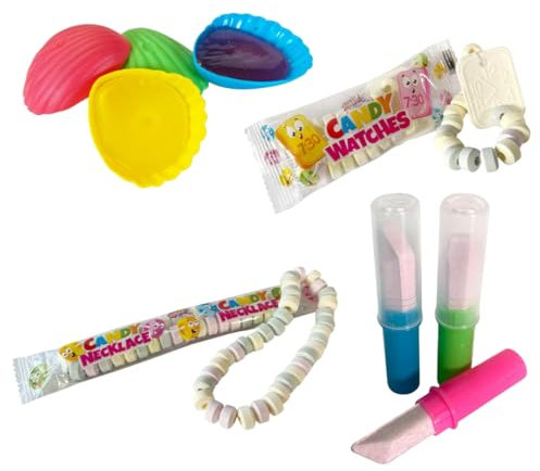 Retro Süßigkeiten Mix 40-teilig: Schleckmuscheln (10x), Süße Ketten (10x), Süße Uhren (10x) & Lutsch-Lippenstifte (10x) | Nostalgie Candy-Klassiker für Kindergeburtstage, Goodie Bags & 90er-Partys