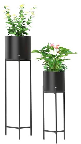 Ribelli Metall Blumentopf Ständer 2er Set φ18/23 cm, Blumenhocker mit Übertopf, Blumentreppe Pflanzenständer Blumenständer für Draußen & Innen, Pflanzenregal für Haus & Garten Dekoration (Schwarz)