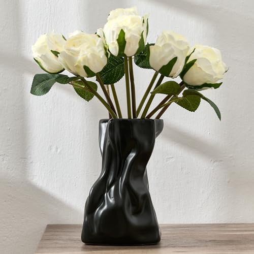 16,2 cm große, mattschwarze Keramik-Blumenvase, elegante, handgefertigte moderne Bauernhaus-Dekoration, schlichter nordischer Stil, ästhetische dekorative Blumenvasen für Heimdekoration, Wohnzimmer