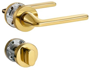 SORWDUERM 2 Paar Türgriff Pvd Gold Drückergarnitur, Edelstahl matt, Türklinke Set für Haustür und Innentür, L-Form, Rund-Rosette, WC