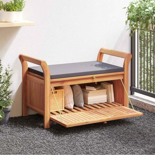 IBUQDDV Garten-Truhenbank mit Kissen 91 cm Massivholz Akazie, Stauraum Sitzbank mit geschwungenen Armlehnen und wetterfester Abdeckung für Terrasse