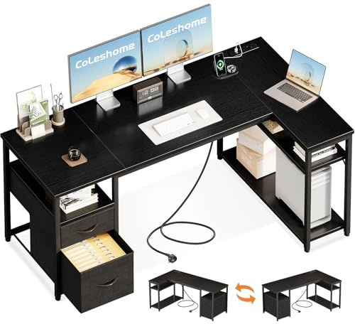 Coleshome Gaming Eckschreibtisch mit 2 Schubladen, 160×80 cm, Schwarz | L-Förmiger Gaming Tisch mit Stauraum & Regal, Schreibtisch mit Steckdose & USB, Reversibel, für Schlafzimmer & Wohnzimmer