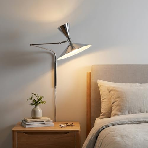 BARCELONA LED Große Wandlampe Industrie 40 cm Durchmesser, Schwenkbarer Wandarm, Vintage und Modern Stil, Metall chrom Lampenschirm Innen Weiß, Ideal für Restaurant, Treppe Schlafzimmer