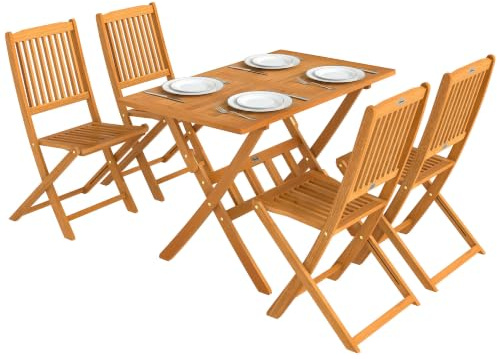 Outsunny Gartenmöbel Set Sitzgruppe 5-Teilig Klappbar Tisch Naturholz | Akazienholz, Mit 4 Klappstühlen, Lamellendesign, Wetterfest, Essgruppe, Gartengarnitur Gartenset, Für Garten Balkon