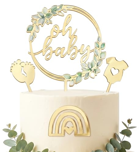 4 Stück Oh Baby Tortenaufleger, Acryl Kuchenstecker Babyparty Tortendeko mit Babybody, Babyfüße, Regenbogen Kuchen Topper, Cake Topper für Babyparty, Gender Reveal, Baby Shower Deko